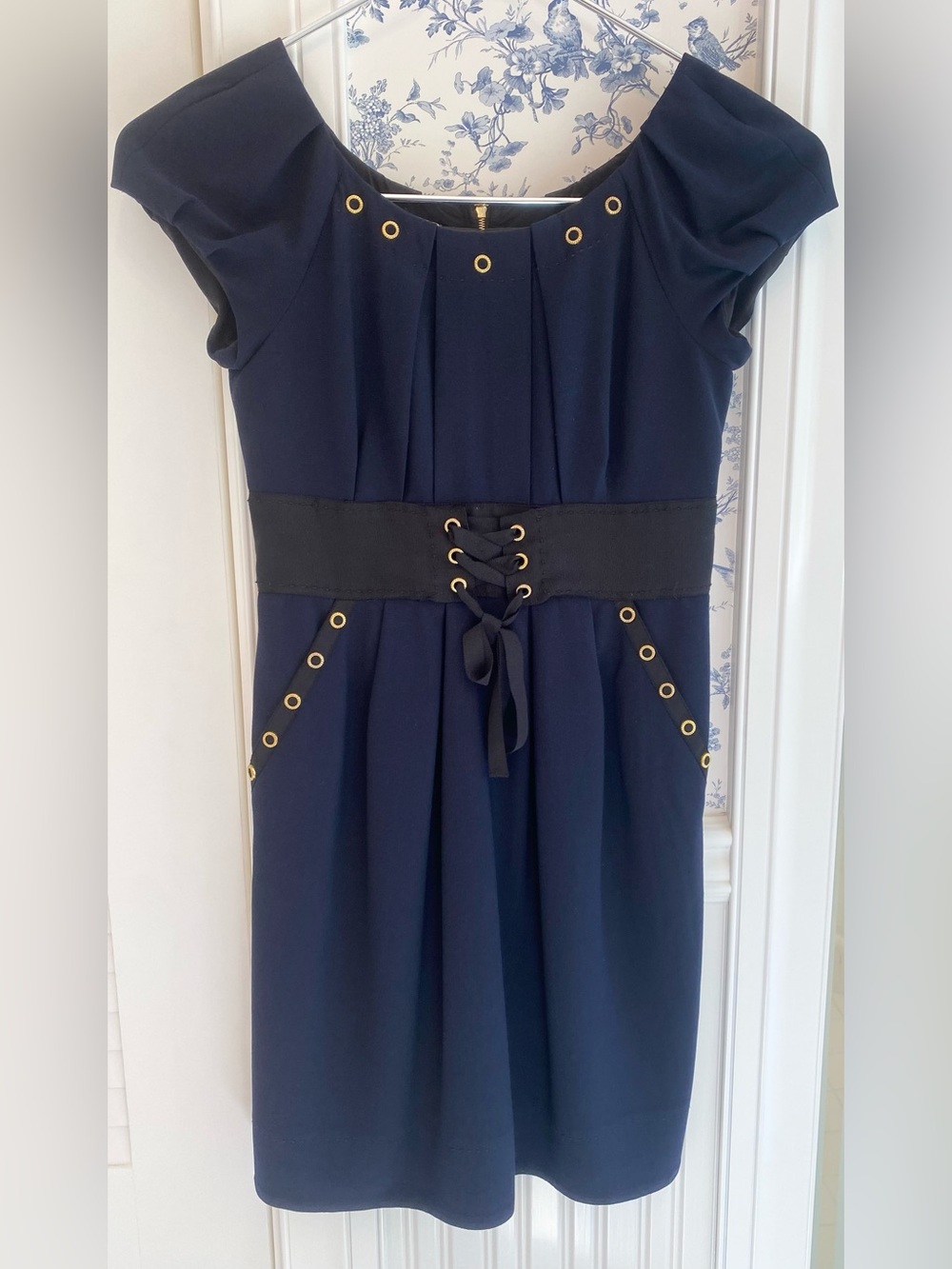 Phoebe Couture Navy Dress with Black Lace-Up Waist
